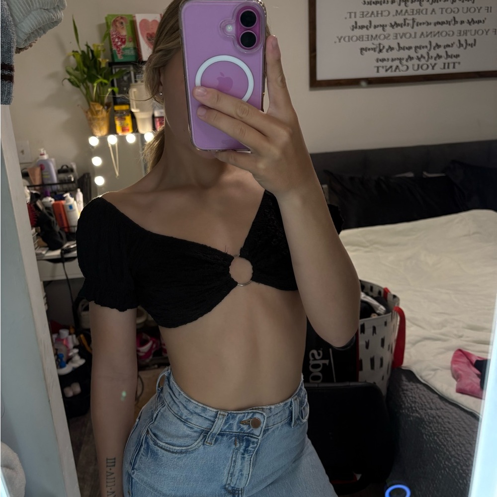 FP Movement by Free People Black Crop Top with Ring Detail
